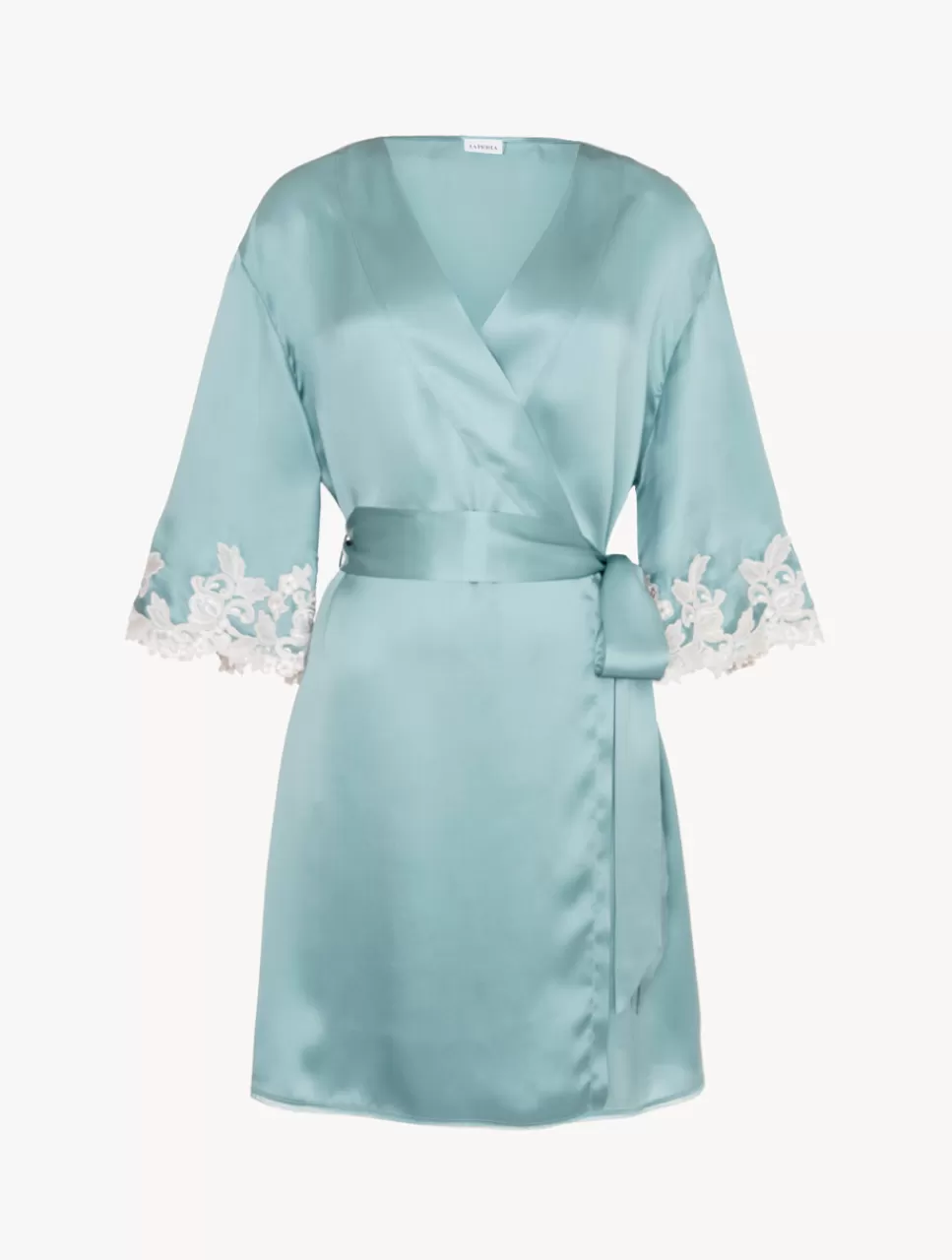 La Perla Bata Corta De Raso De Seda De Color Almendra Con Frastaglio Verde New