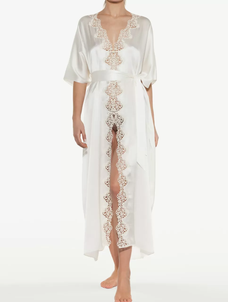 La Perla Bata Larga De Seda Blanquecina Con Macramé OffWhite Cheap