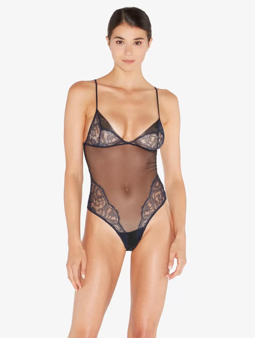 La Perla Body De Color Acero Y Negro Con Encaje Leavers Azul Sale