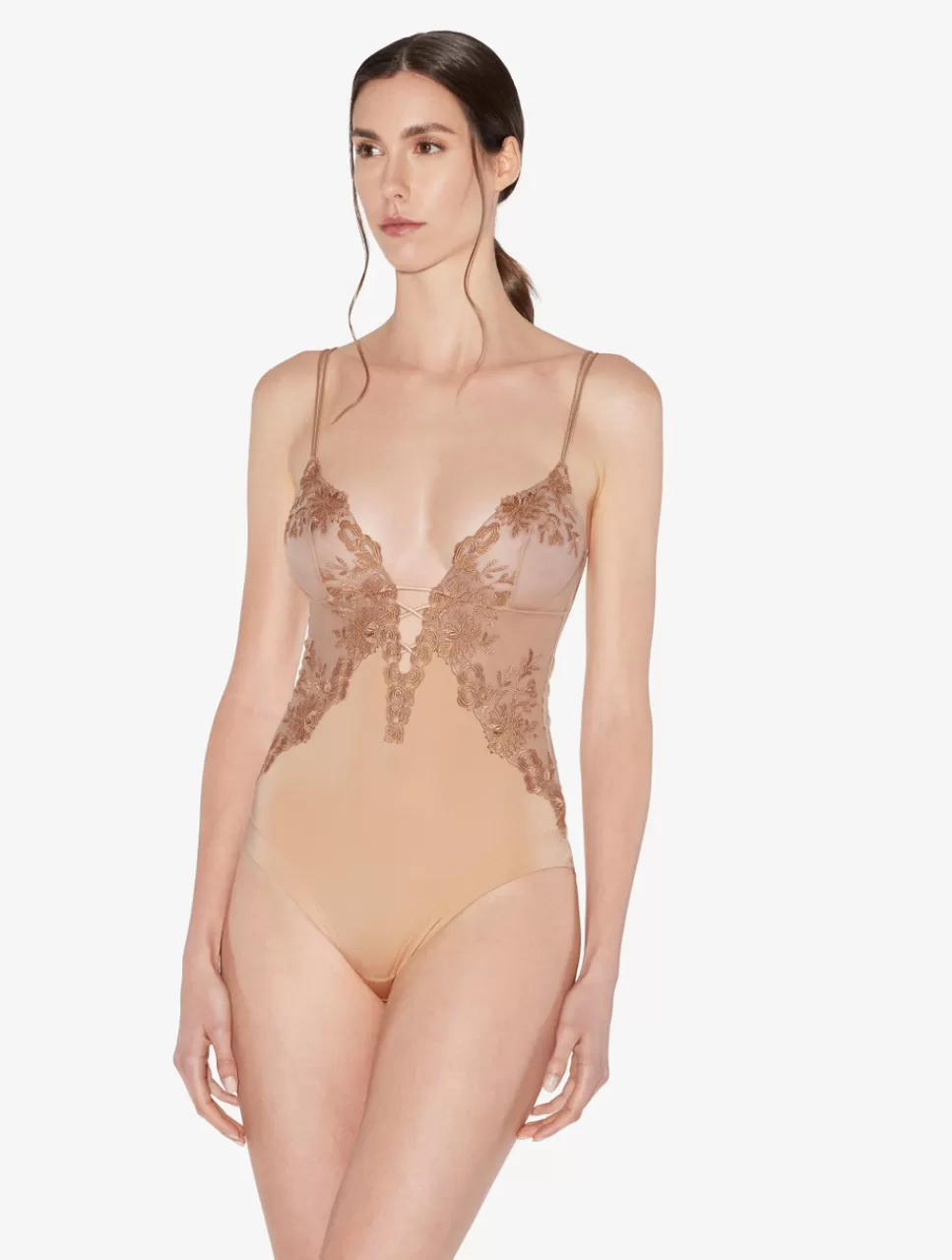 La Perla Body De Lycra Con Tul Bordado Beige Nude Cheap