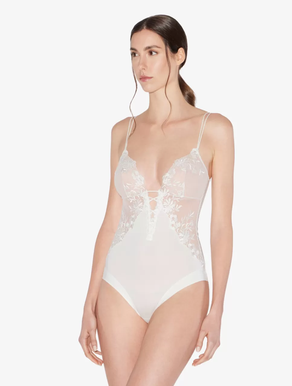 La Perla Body De Lycra Con Tul Bordado Blanquecino White Best Sale