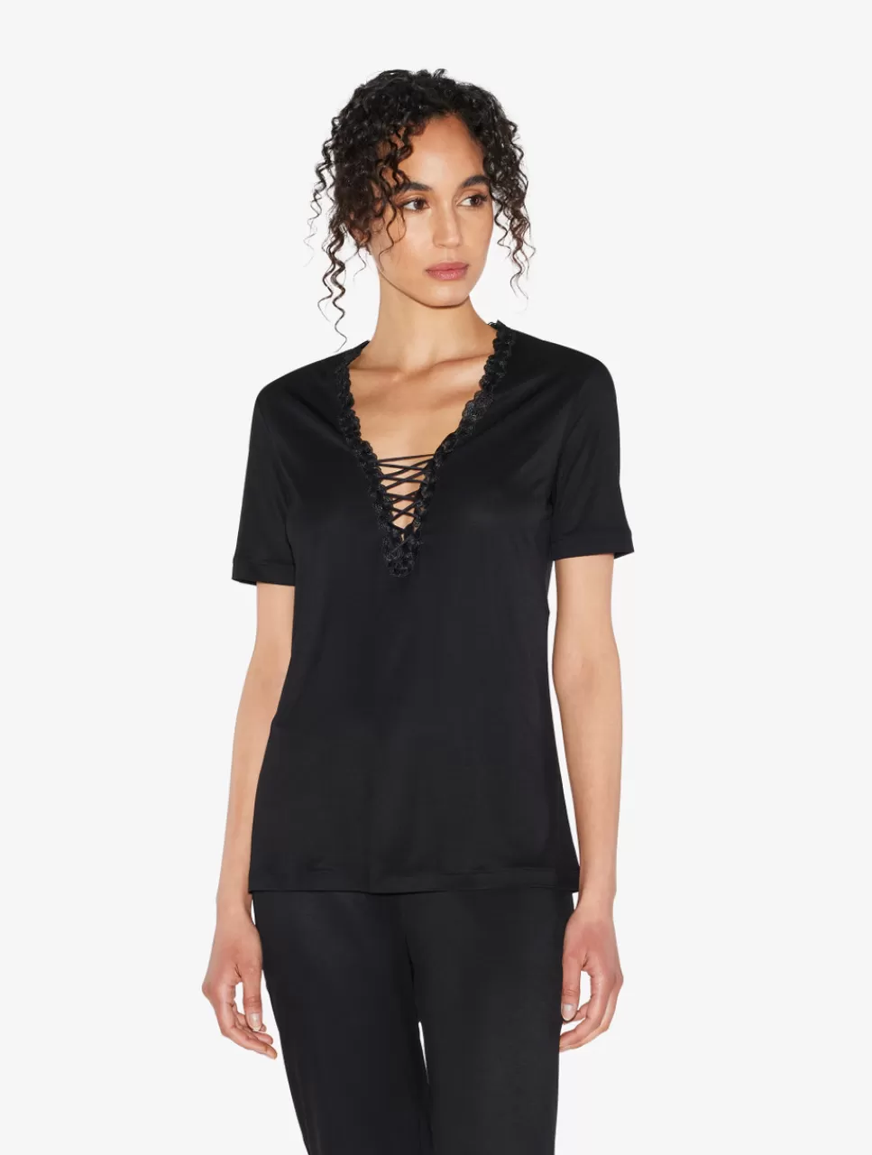 La Perla Camiseta De Pijama En Modal Con Tul Bordado Negro Black Cheap