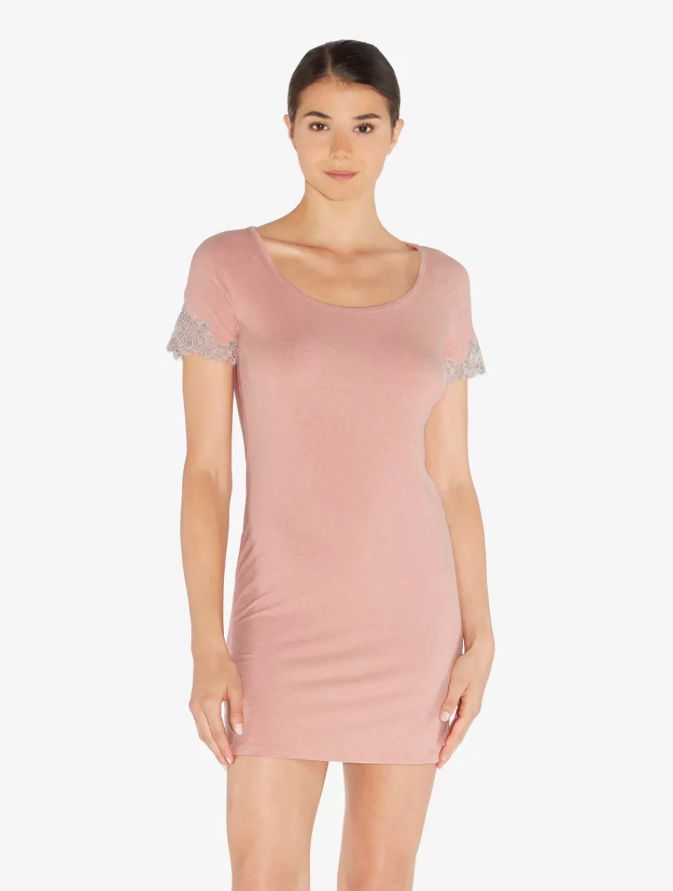 La Perla Camisón Corto Acanalado En Mezcla De Cachemir De Color Blush Clay Con Frastaglio Rosado Outlet