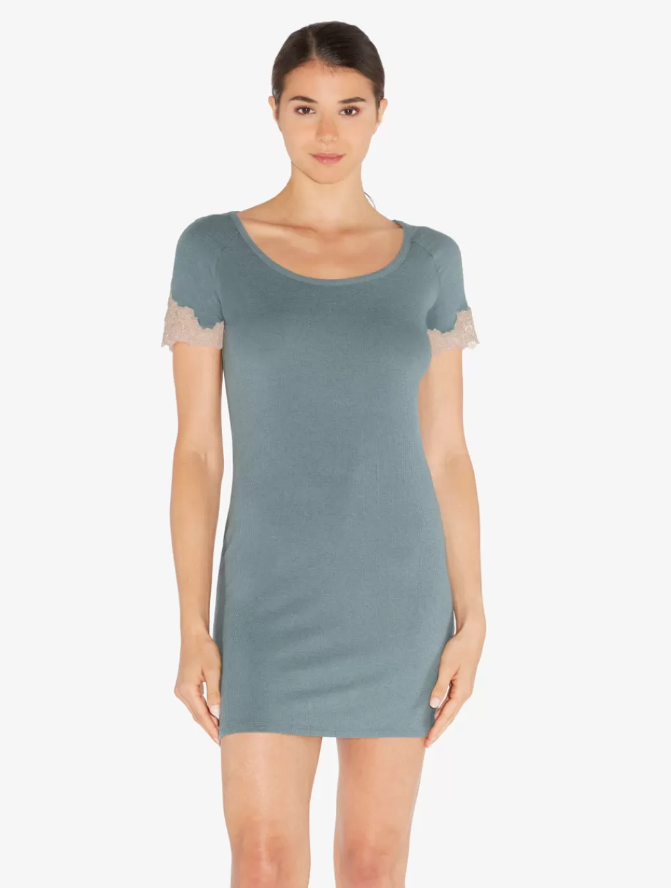La Perla Camisón Corto Acanalado En Mezcla De Cachemir Sleepy Dream Con Frastaglio Azul Best