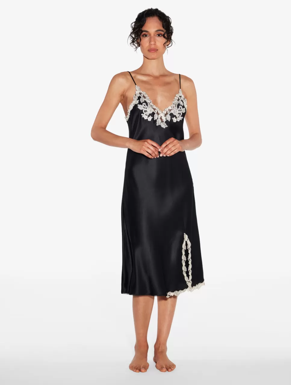 La Perla Camisón Corto De Raso De Seda Negro Con Frastaglio Black New