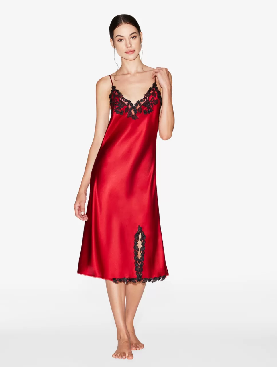 La Perla Camisón Corto De Raso De Seda Con Frastaglio Rojo Discount