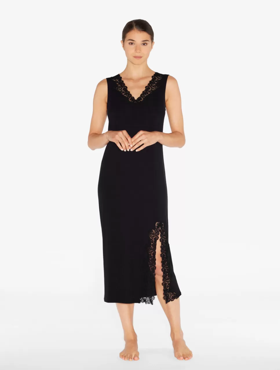 La Perla Camisón Largo Acanalado En Mezcla De Cachemir De Color Onyx Con Frastaglio Negro Online
