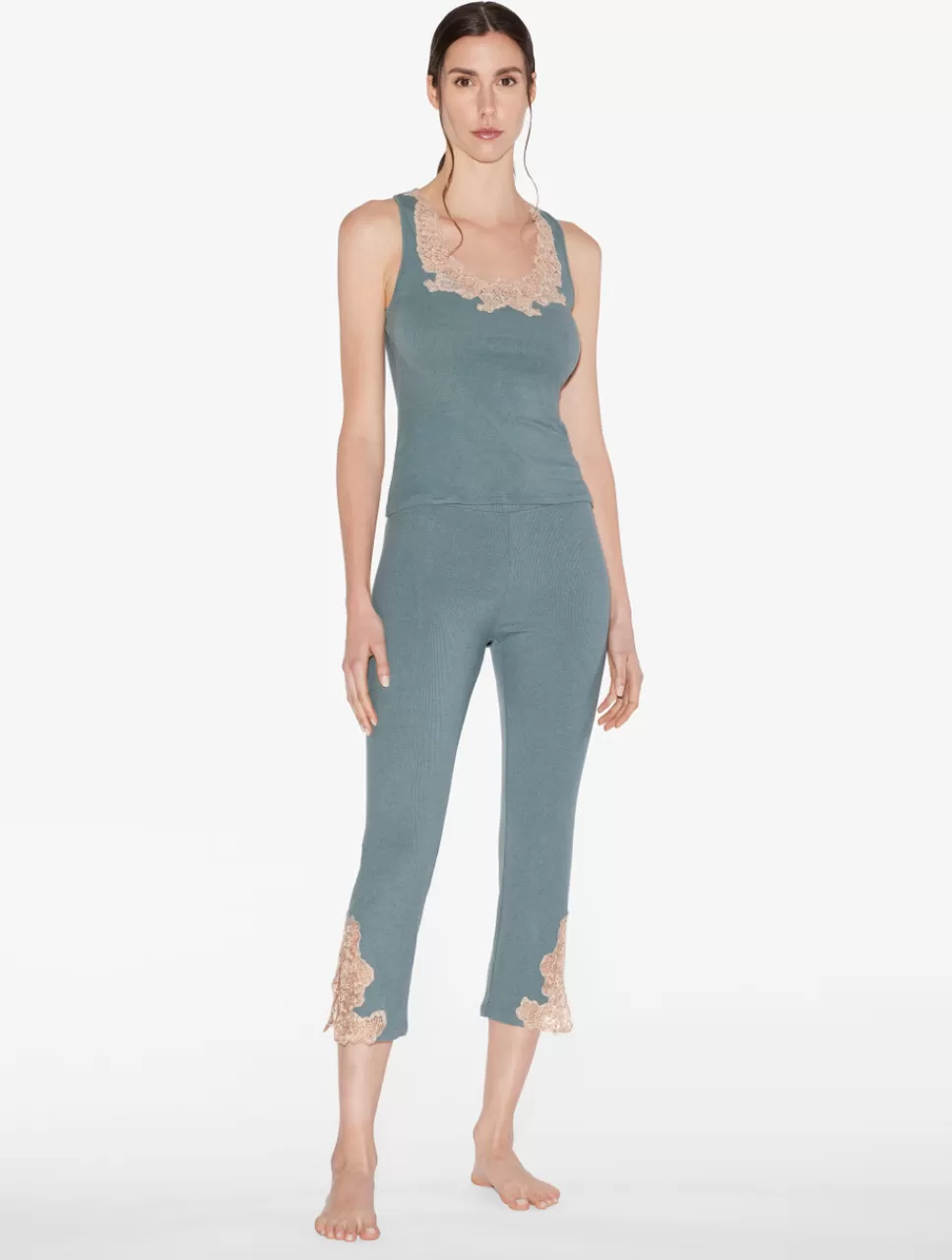 La Perla Pantalón Acanalado En Mezcla De Cachemir Sleepy Dream Con Frastaglio Azul Best