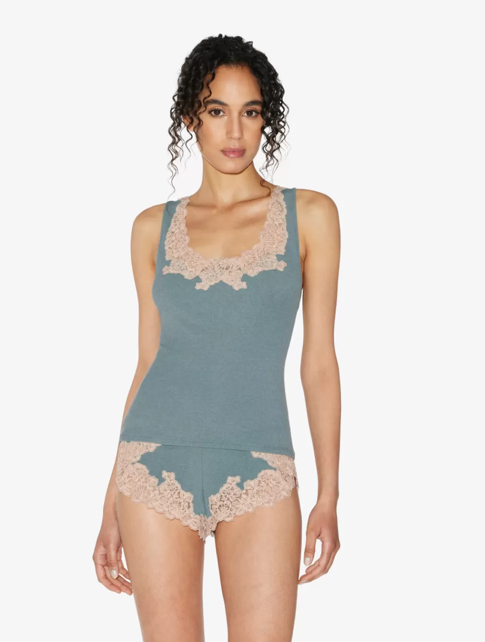 La Perla Pantalón Corto De Pijama Acanalado En Mezcla De Cachemir Sleepy Dream Con Frastaglio Azul Clearance