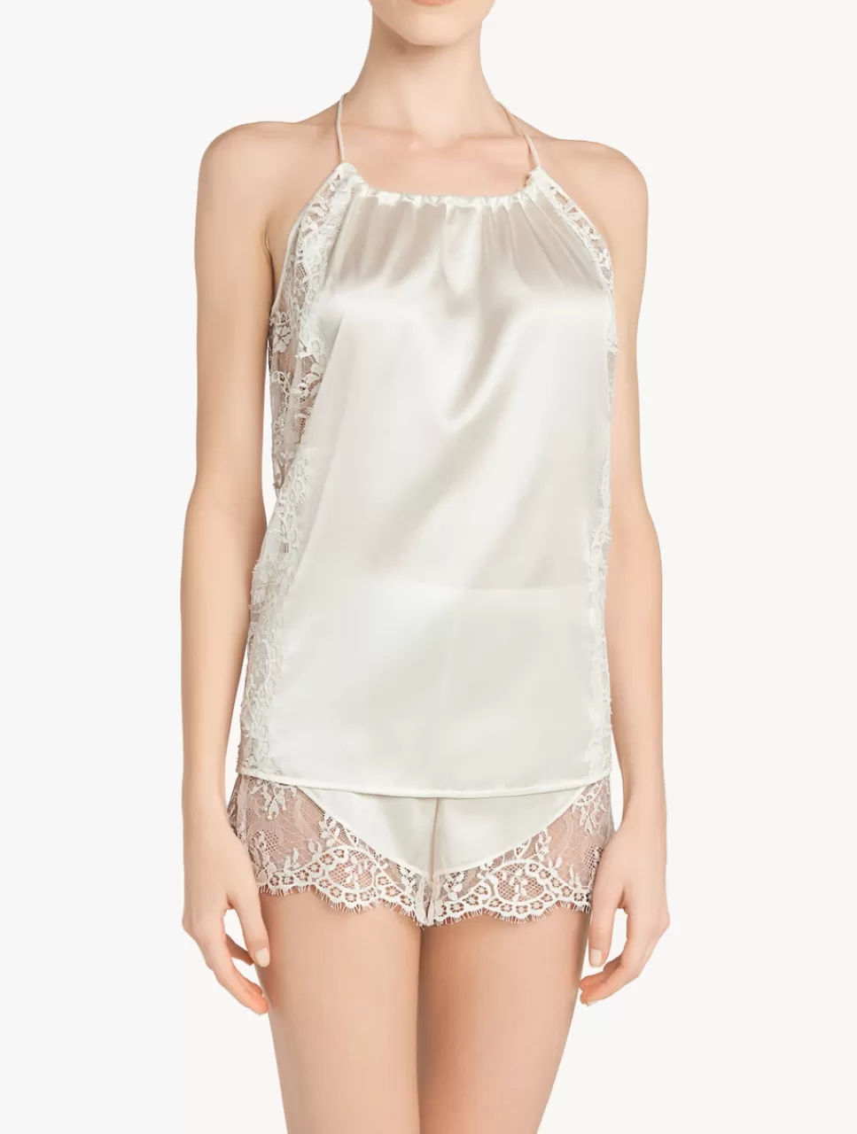 La Perla Pantalón Corto De Seda Blanquecino Con Ribetes De Encaje Leavers White Outlet