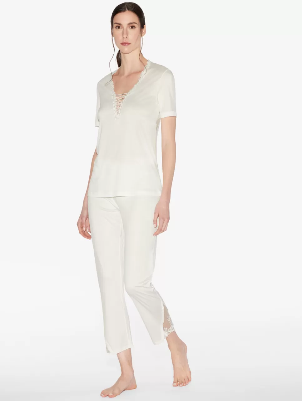 La Perla Pantalón De Pijama En Modal Con Tul Bordado Blanquecino White Hot