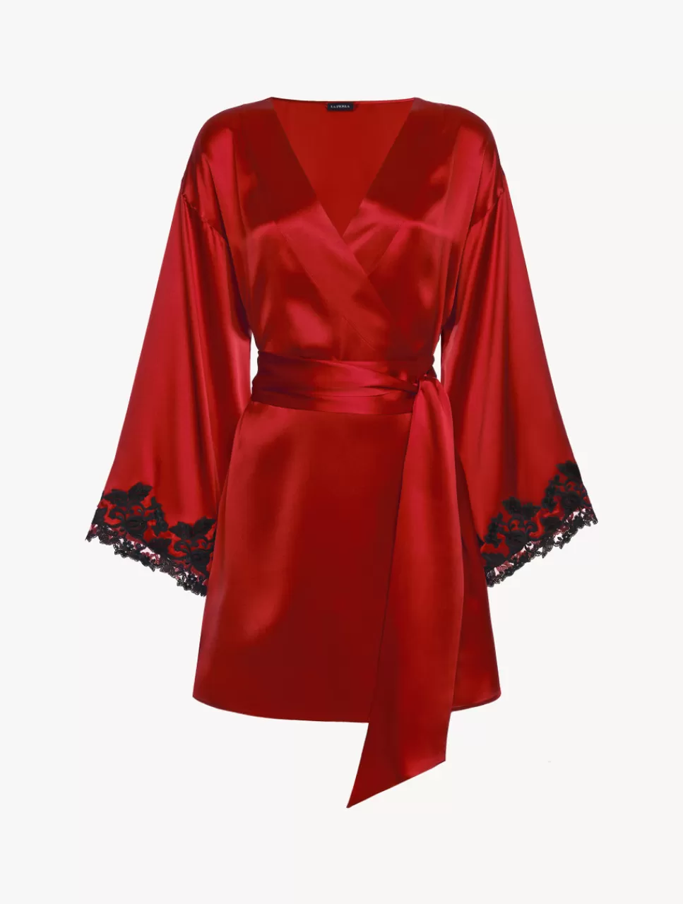 La Perla Silk Satin Short Robe With Frastaglio Red Discount