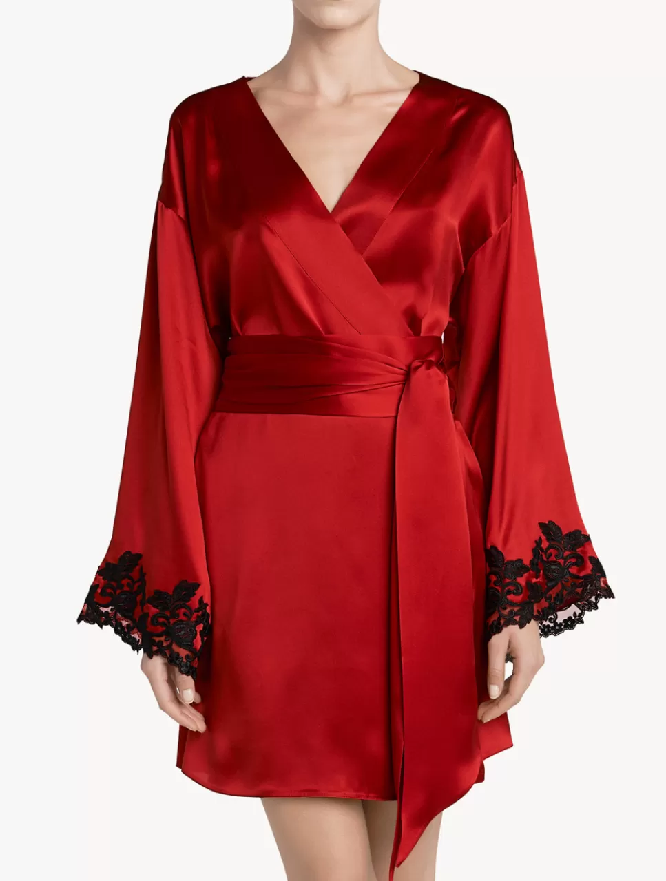 La Perla Silk Satin Short Robe With Frastaglio Red Discount