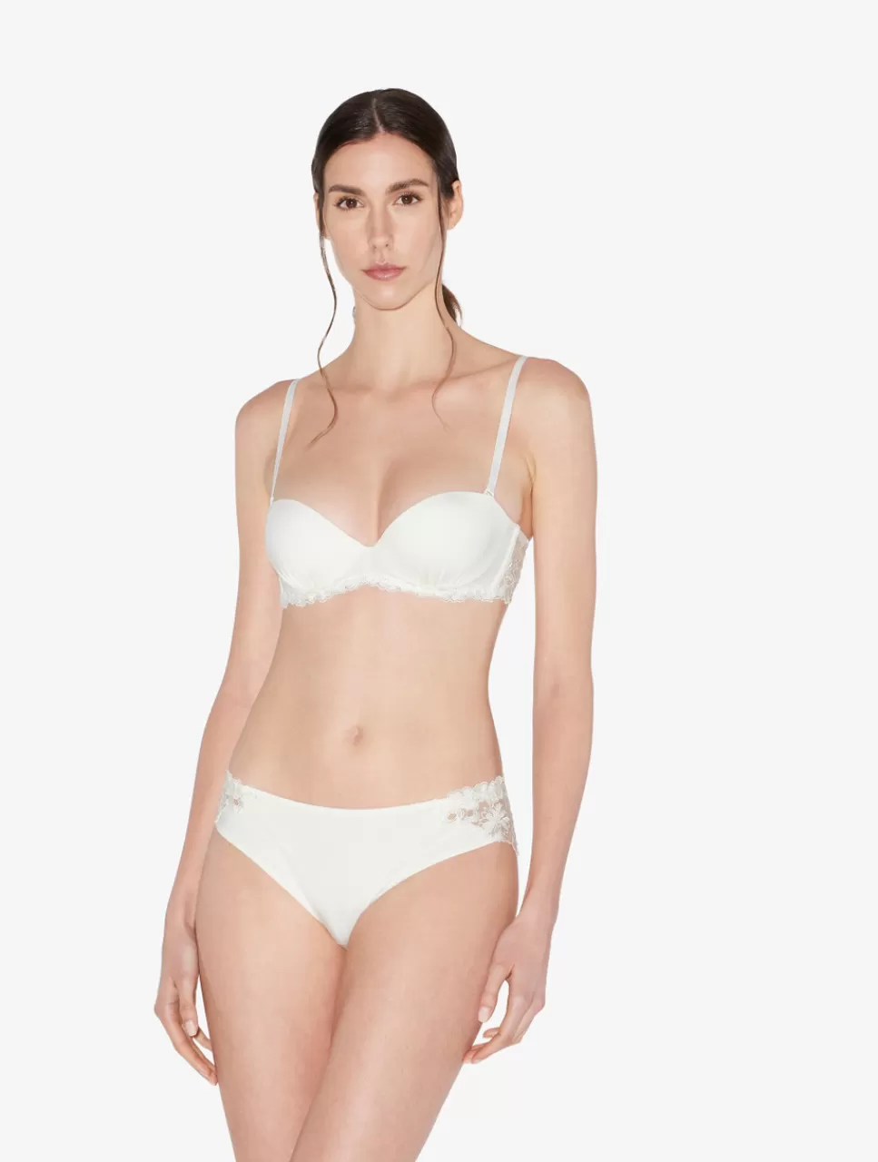 La Perla Sujetador Bandeau De Lycra Con Tul Bordado Blanquecino White New