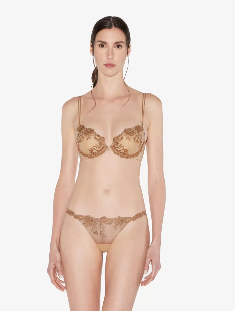 La Perla Tanga De Lycra Con Tul Bordado Beige Nude Fashion