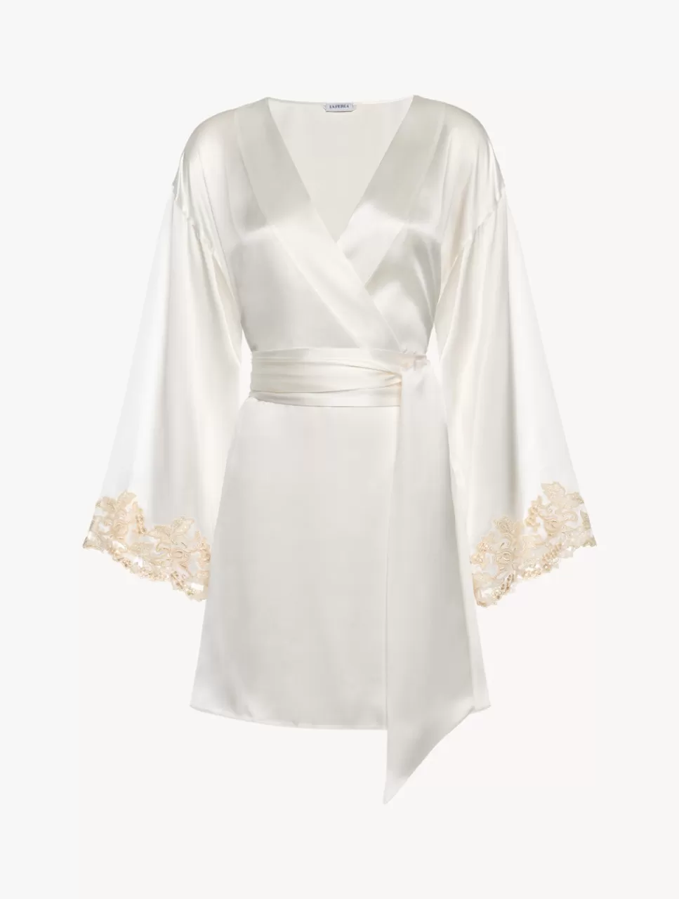 La Perla Silk Satin Short Robe With Frastaglio White Sale