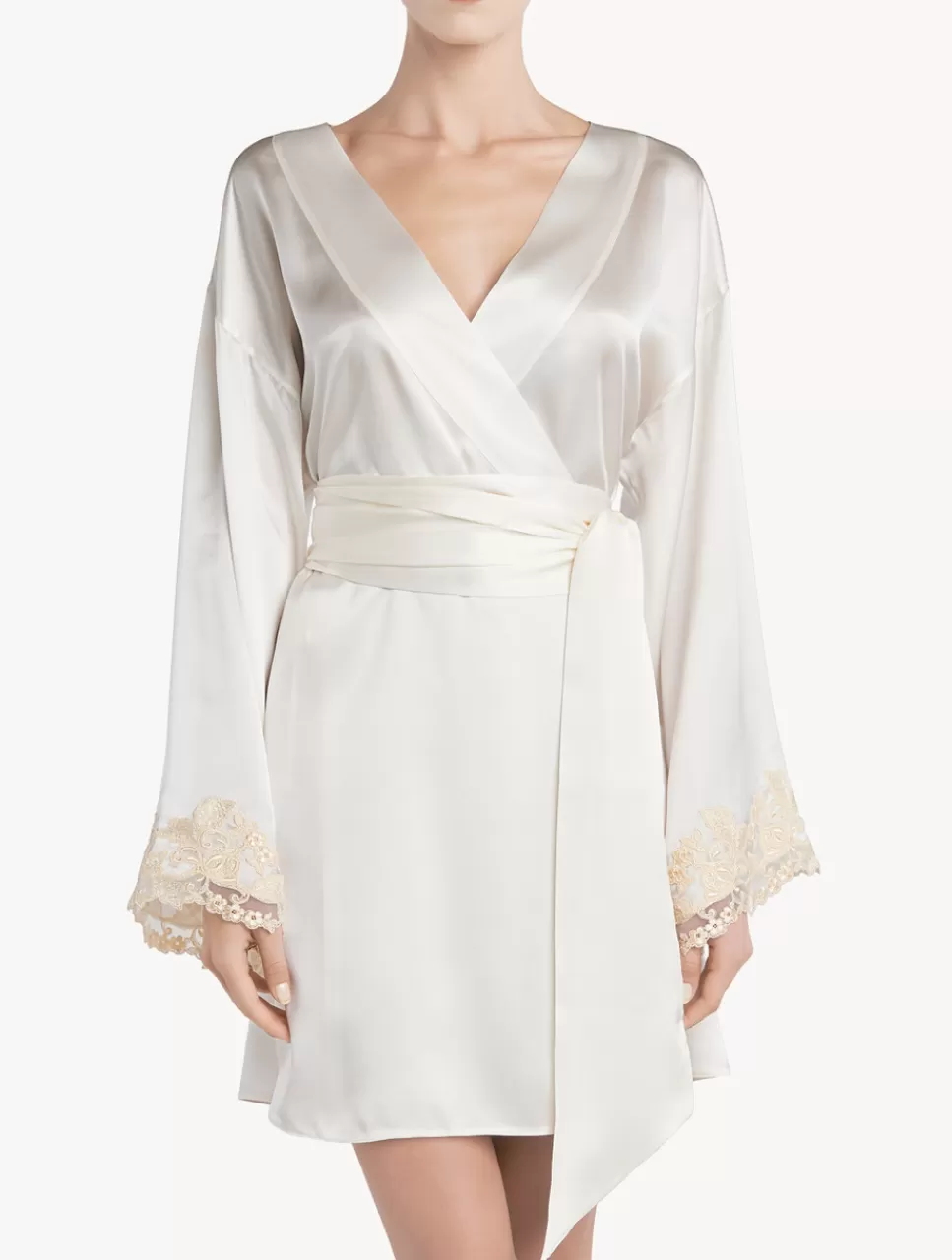 La Perla Silk Satin Short Robe With Frastaglio White Sale